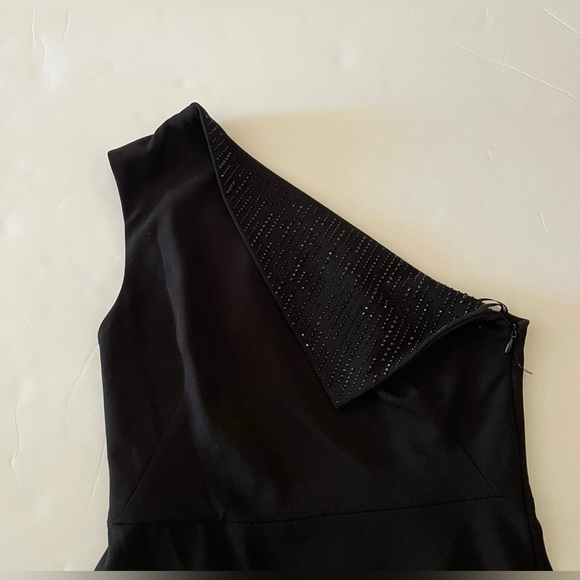 Black Embellished Rhinestone One Shoulder Calvin Klein Sheath Dress - Picture 2 of 7